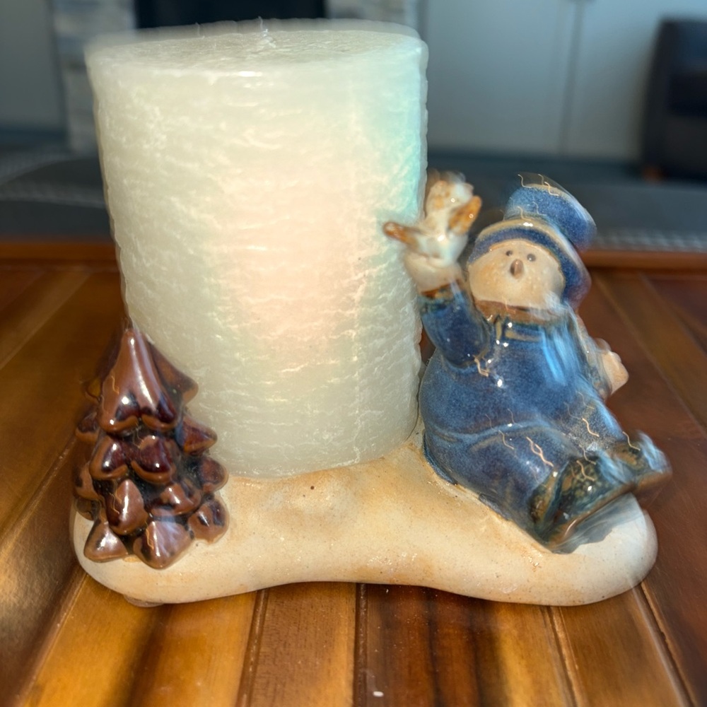 Christmas Candle Holder Stoneware Pottery Tree Glazed Snowmam Bird Pillar Candle
